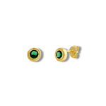 Ridged Bezel Solitaire Stud Earrings - Green