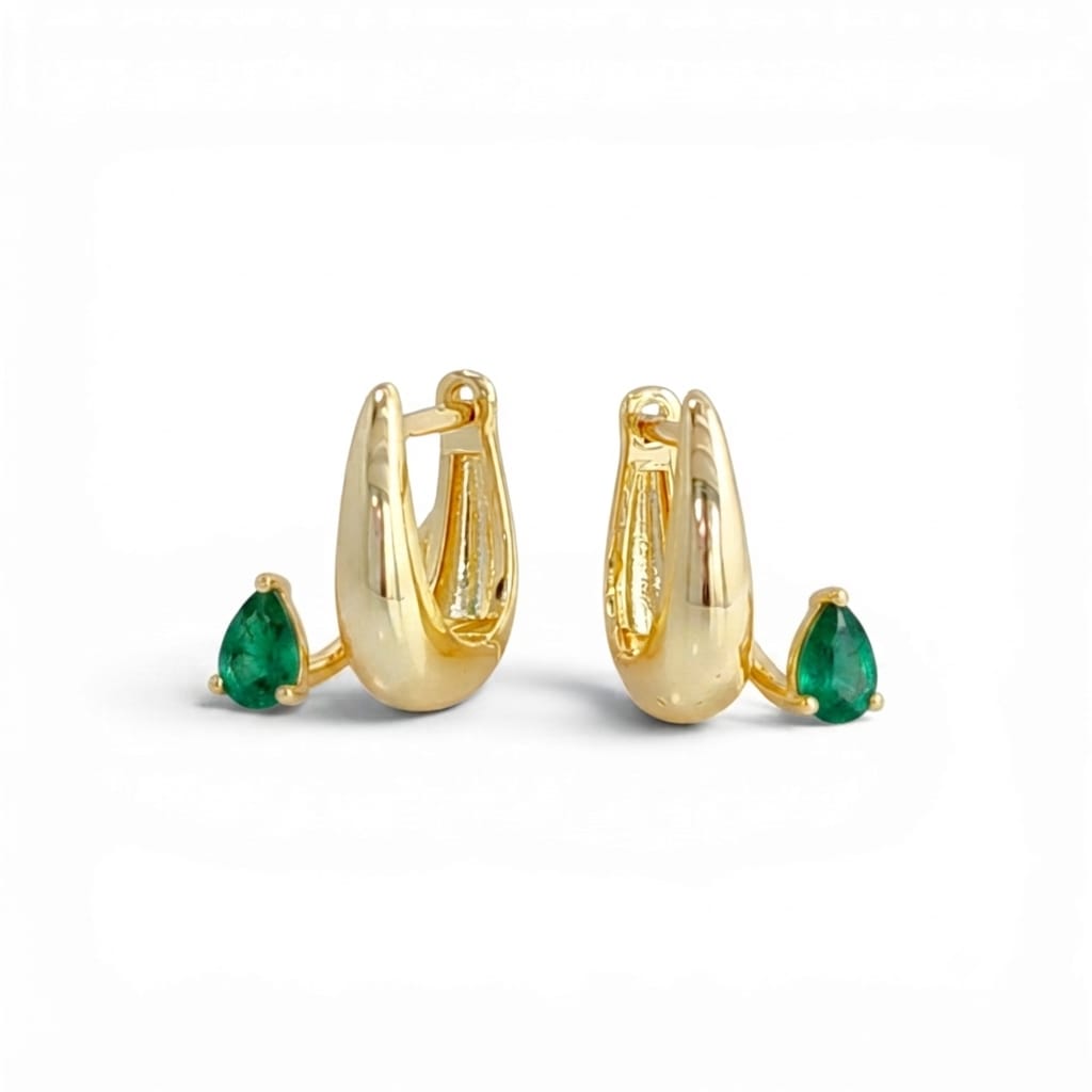 Plain polished huggie hoop earrings in 18K gold plate with pear-cut green CZ — Silver Italy