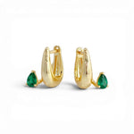 Plain polished huggie hoop earrings in 18K gold plate with pear-cut green CZ — Silver Italy