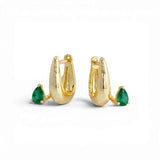 Plain polished huggie hoop earrings in 18K gold plate with pear-cut green CZ — Silver Italy