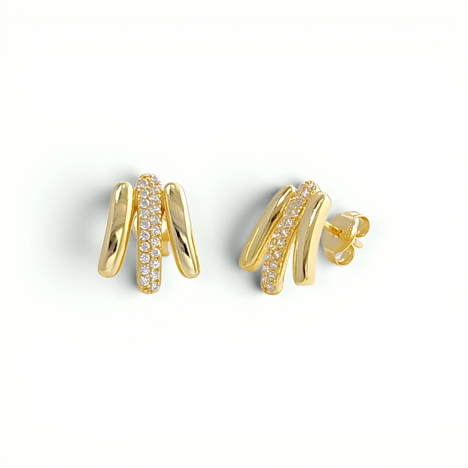 Triple-Bar Pavé Stud Earrings - Gold