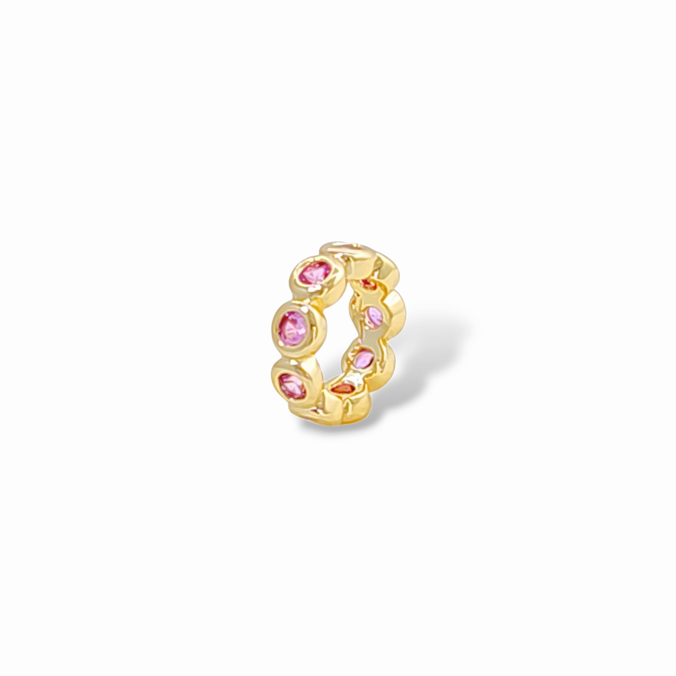 Pink bezel-set stone huggie hoop earring in 18k gold plated brass