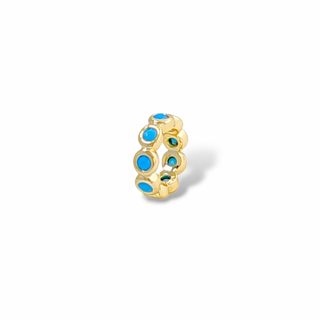 Turquoise bezel-set stone huggie hoop earring in 18k gold plated brass