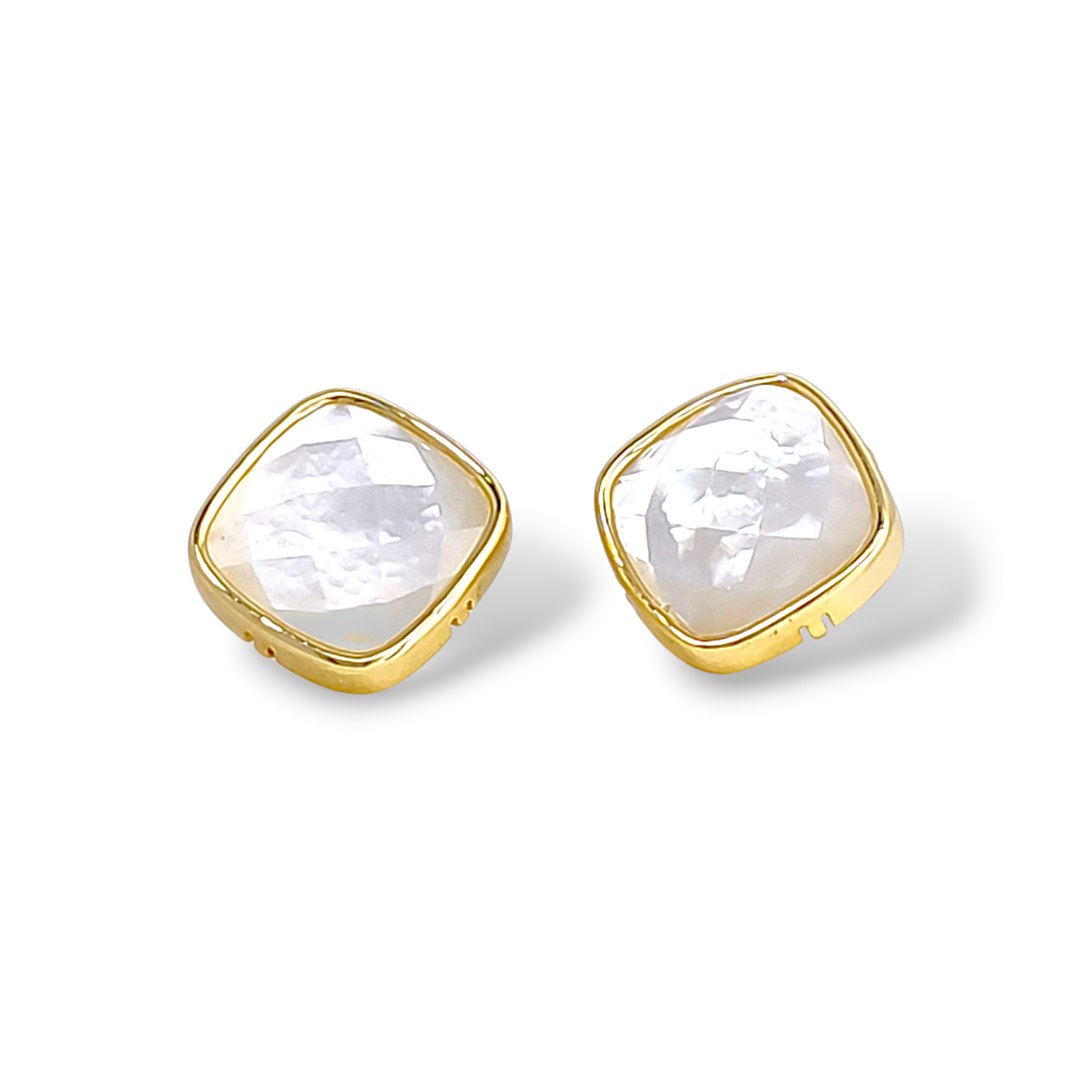 Pearl white cushion-cut crystal stud earrings in 18k gold plated setting