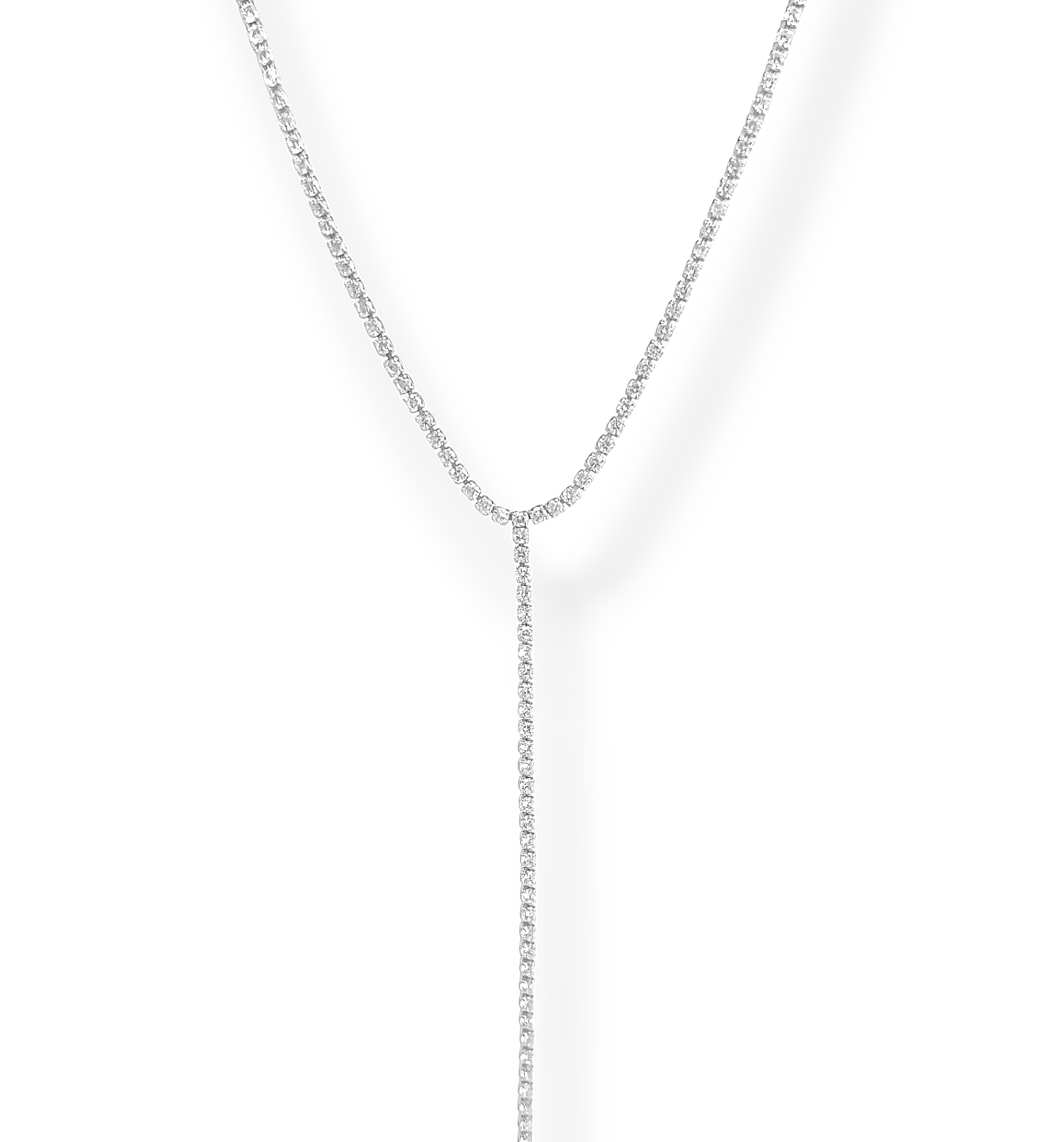 Y-drop tennis lariat necklace in rhodium silver finish with prong-set CZ — Silver Italy