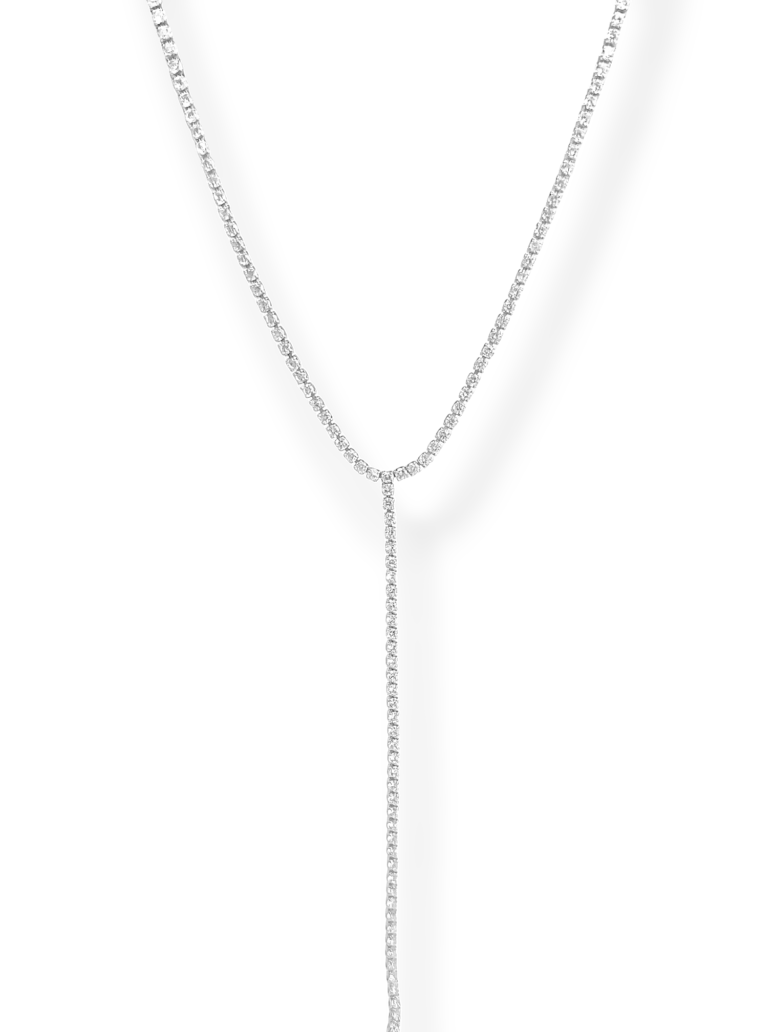 Y-drop tennis lariat necklace in rhodium silver finish with prong-set CZ — Silver Italy