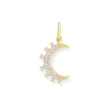 Crescent moon pendant with pave crystal stars in 18k gold plated brass