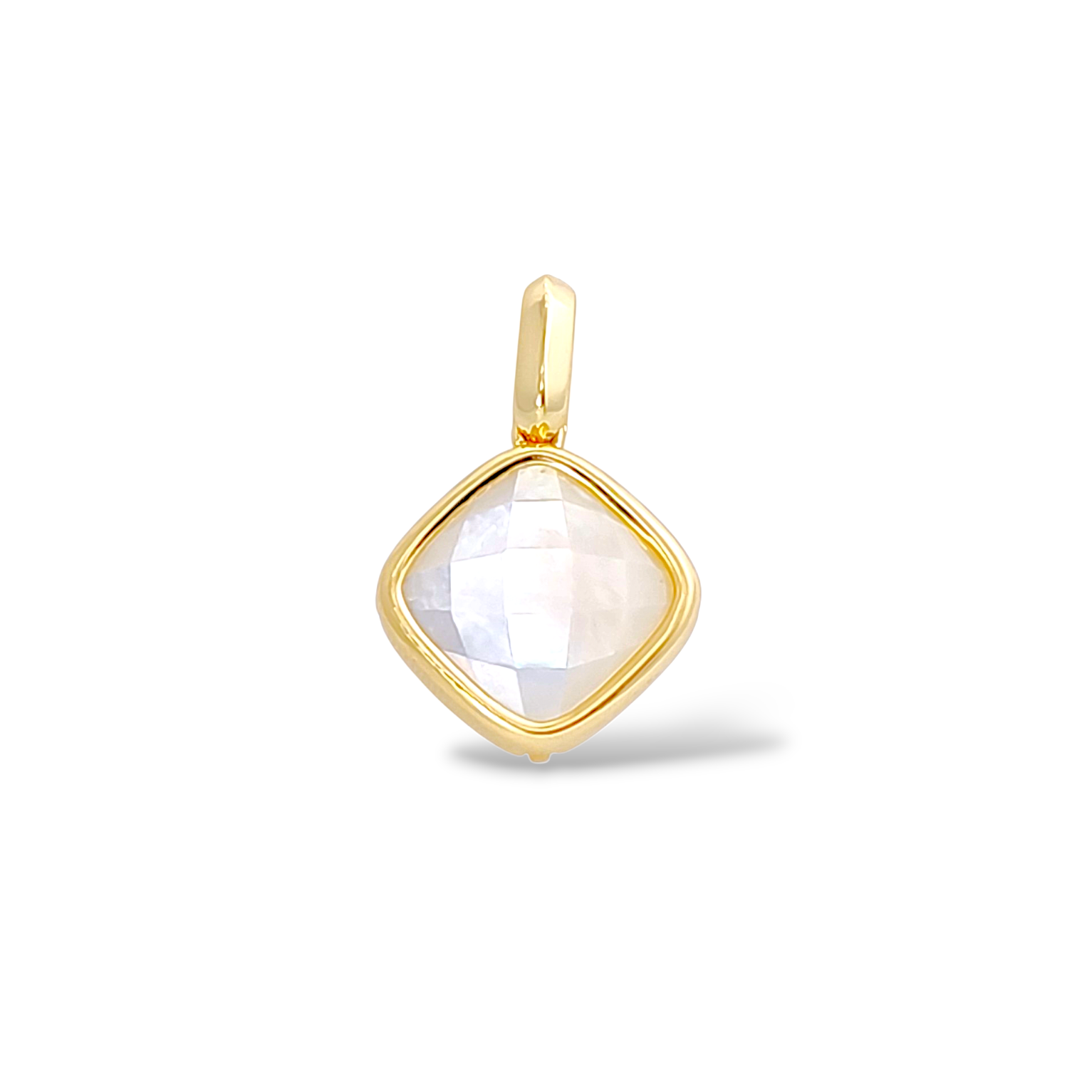 Pearl white cushion-cut crystal pendant with pave bail in 18k gold plated brass