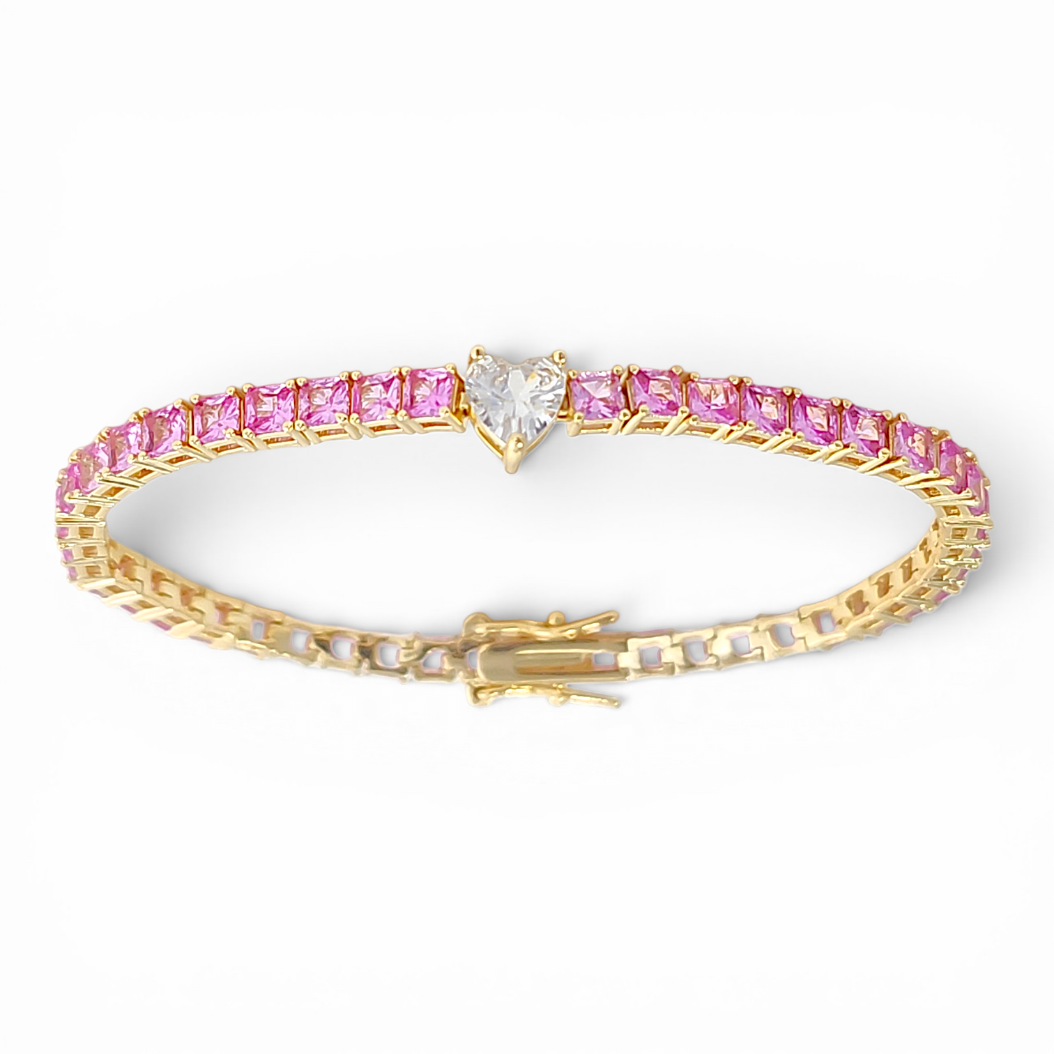 Heart Square-cut Tennis bracelet in 18k gold plated brass — Silver Italy, view 3