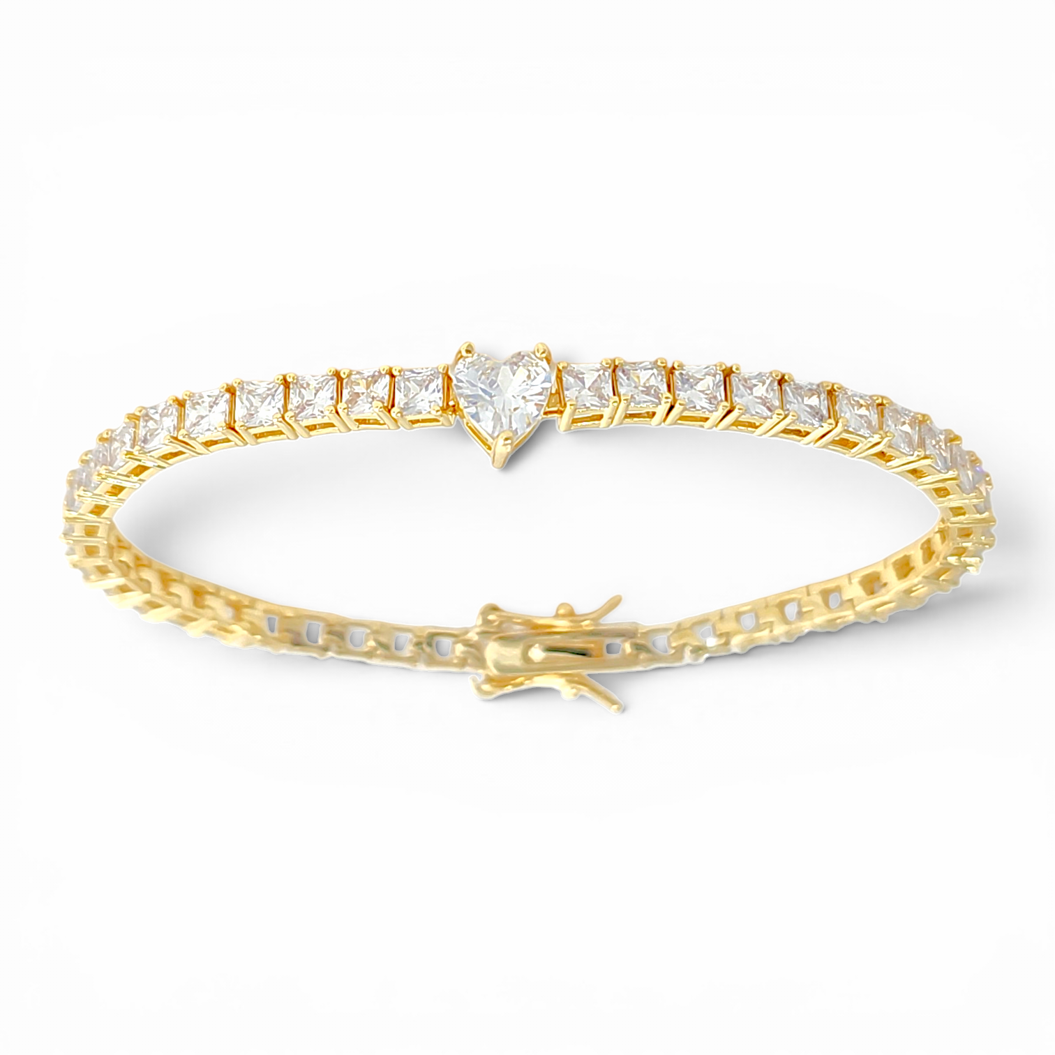 Heart Square-cut Tennis bracelet in 18k gold plated brass — Silver Italy, view 4
