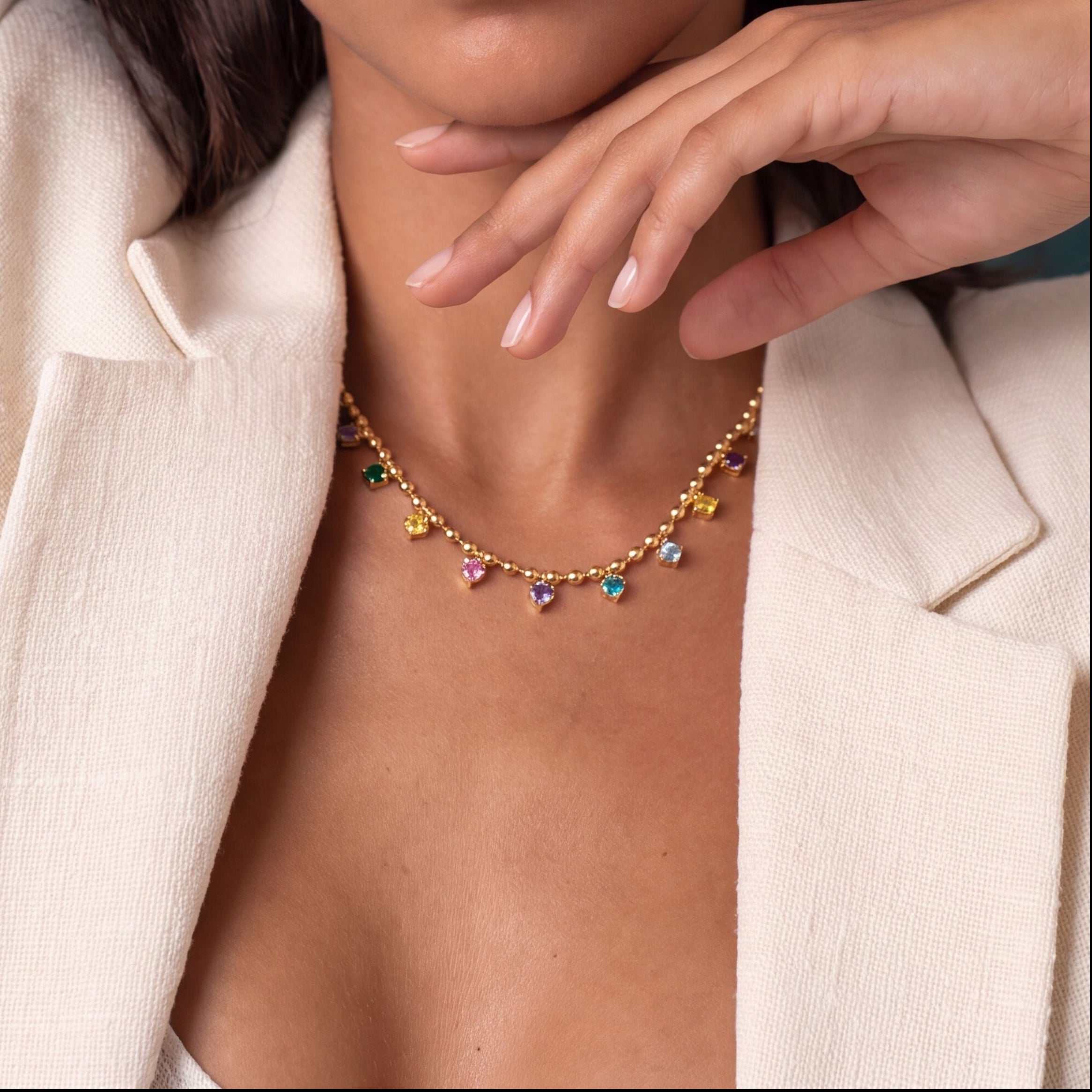 multi color stones hanging necklace 18k gold