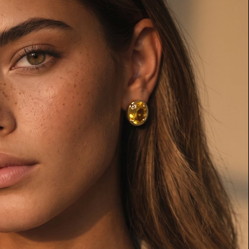 oval shape bezel stone omega back earring