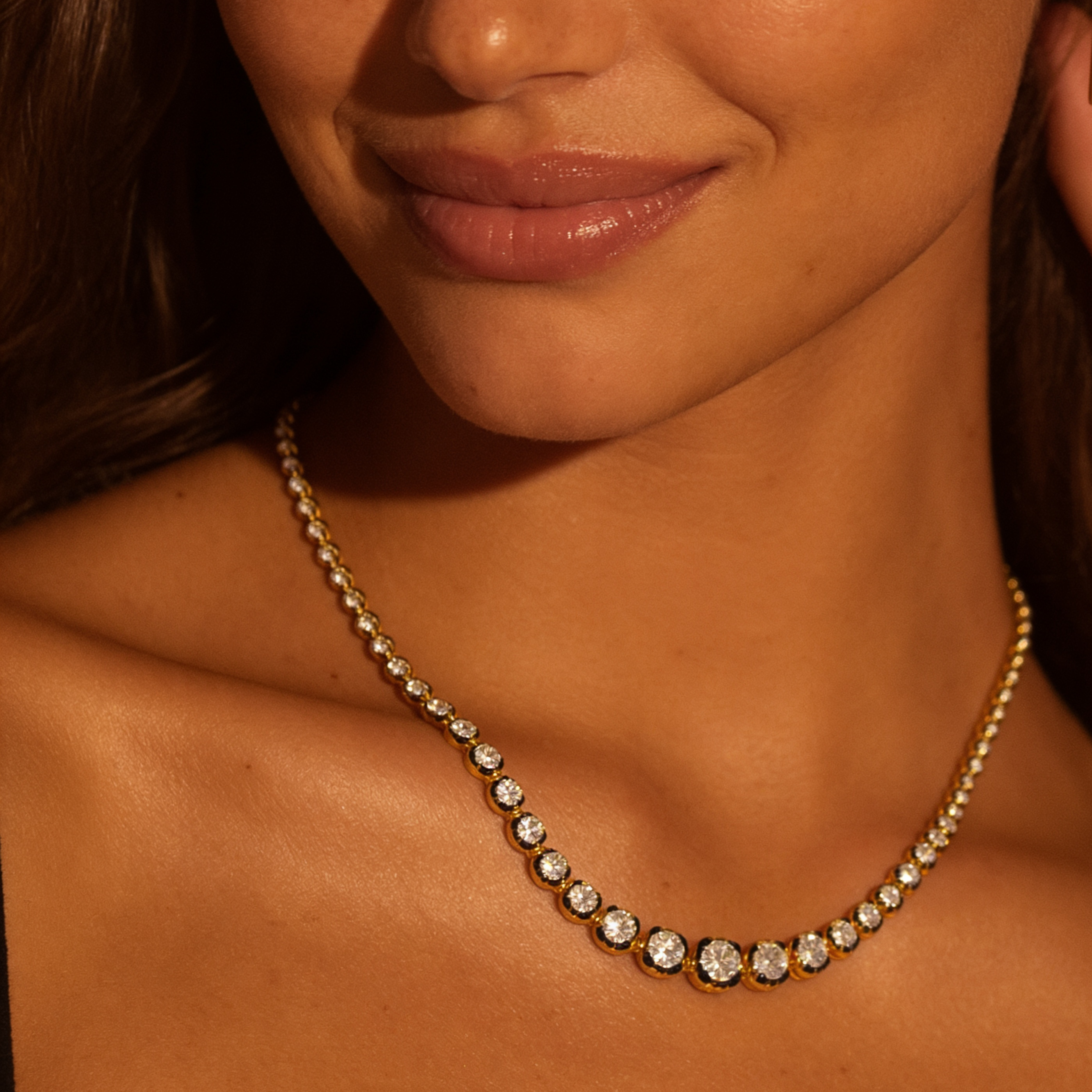 black prone bezel edges 18k gold tennis necklace